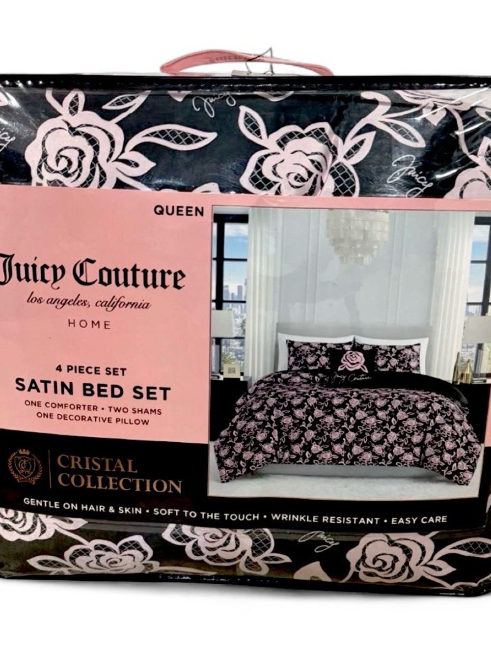 Juicy Couture, Queen, Black and Pink Satin Comforter Set - Floral